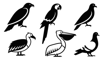 Naklejka premium Diverse Bird Silhouettes Collection: Raven, Macaw, Pelican, Dodo, and Pigeons