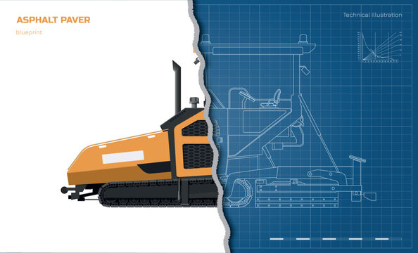Asphalt paver drawing. Industrial road machine side view. Urban building vehicle. Isolated roadwork equipment