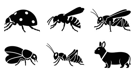 Diverse Insect and Animal Silhouettes Collection: Ladybug, Wasp, Beetle, Ant, and Rabbit Icons