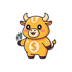 Fototapeta premium A cartoon bull with a dollar sign on its body holding a green graph