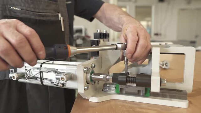 Technician adjusts and tightens the lead screw drive of a precision linear module. Close up of mechanical fine tuning during industrial assembly.