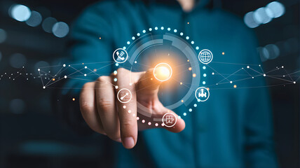 Person interacting with futuristic digital interface with glowing icons and connections