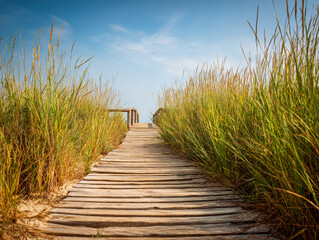 Obraz premium Peaceful Walkway Through Tall Grass and Sky