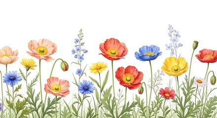 Fototapeta premium Vibrant wildflowers in full bloom with greenery and colorful poppies against a clean white background