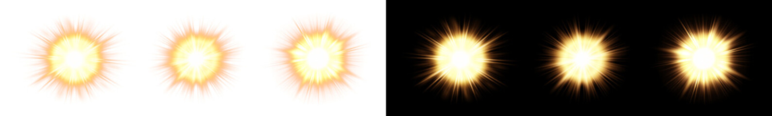 Obraz premium Bright sun flare glow PNG Overlay isolated on transparent and black background with warm beam rays and magical effect