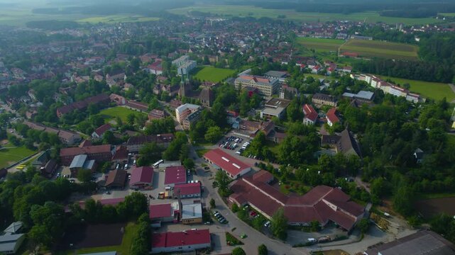 Aerial view of the city Neuendettelsau in Germany, Bavaria on a sunny day in Spring