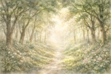 Dreamy Sunlit Forest Path with Wildflowers, Soft Watercolor Woodland Landscape Background