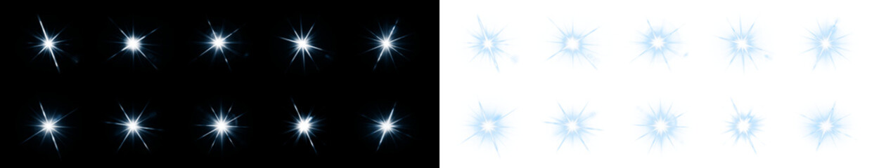 Blue neon star flare PNG Overlay isolated on transparent and black background with radiant halo beams and dynamic shine