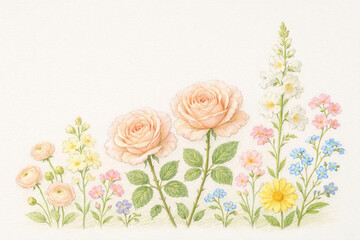 Obraz premium バラやラナンキュラスなど春の花のフレーム