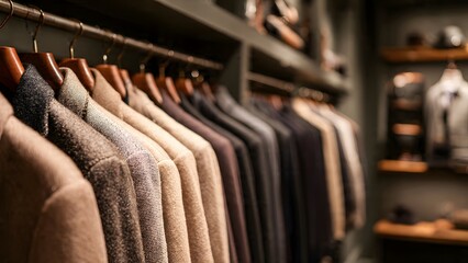 Obraz premium Row of elegant men's coats in luxury fashion boutique