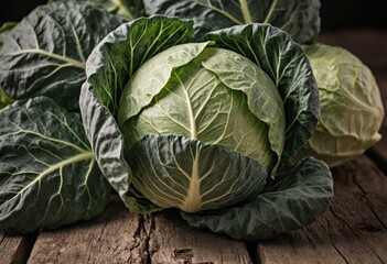 Obraz premium Fresh green cabbage with leaves on rustic wooden background