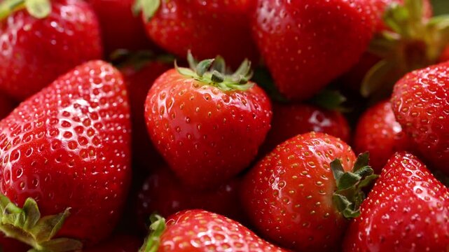 Juicy strawberry rotating slowly on turntable under spotlight. Macro close up of vibrant red berry with glossy texture, fresh organic fruit concept for food advertising and healthy nutrition.