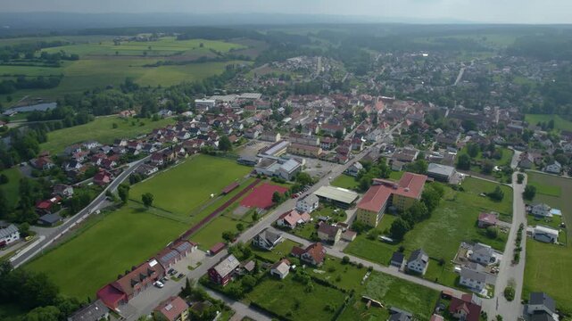 Aerial view of the city Berg bei Neumarkt in der Oberpfalz in Germany, Bavaria on a cloudy day in spring