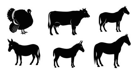 Farm Animals Silhouettes Collection: Turkey, Cow, Horse, and Donkeys Vector Icons