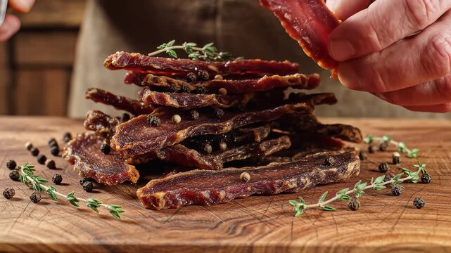 Close up of hands arranging dried meat slices on a wooden board