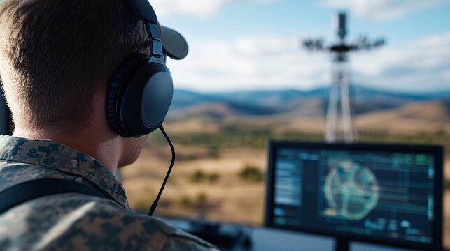 National counter unmanned aerial systems monitoring facility integrating drone detection radar systems with electronic countermeasure control interface in a modern defense operations complex.
