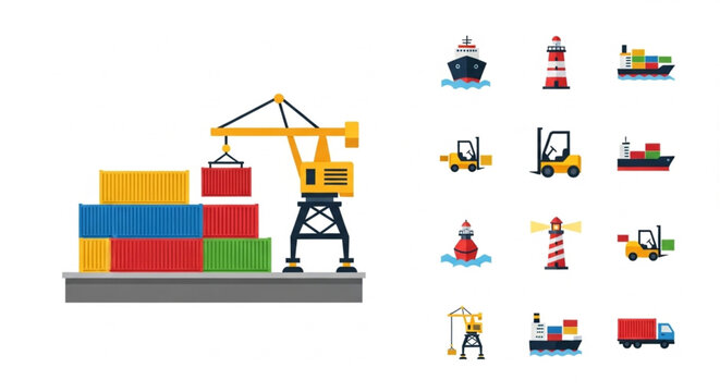 Industrial Shipping Port Crane Loading Containers onto Ship.