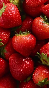 Vertical macro of juicy strawberries rotating on turntable in natural dappled sunlight. Vibrant red berries with glossy texture, perfect for organic food branding, smoothie advertising and healthy