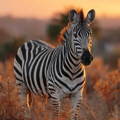Naklejka premium Zebra Standing in Golden Light of Sunset in African Savanna.
