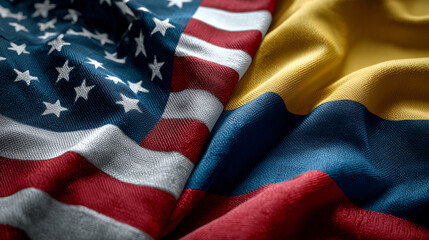 Obraz premium Celebrating unity american and colombian flags combined in vibrant display textile art indoor setting close-up view