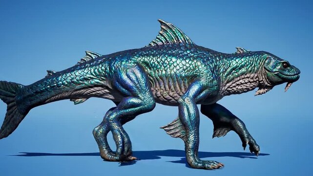 A large blue creature with sharp teeth and claws standing on a blue surface with a gradient background