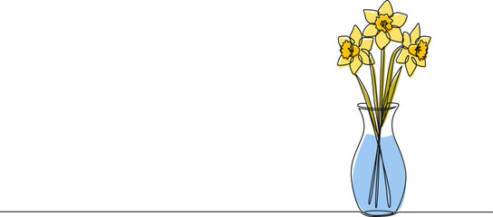 Fototapeta premium continuous line drawing of daffodils in flower vase, line art vector illustration
