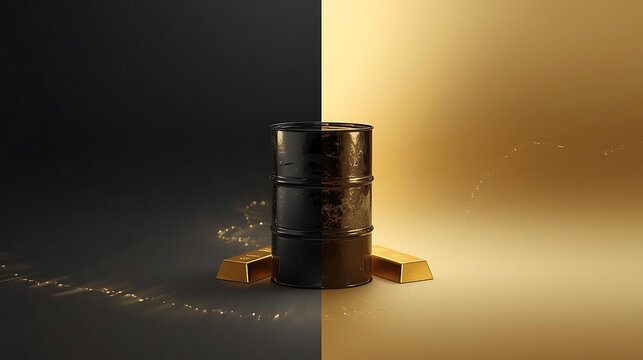 Economic transformation narrative duality of oil barrel and gold bars illustrating resource shift capital reallocation and structural financial transition
