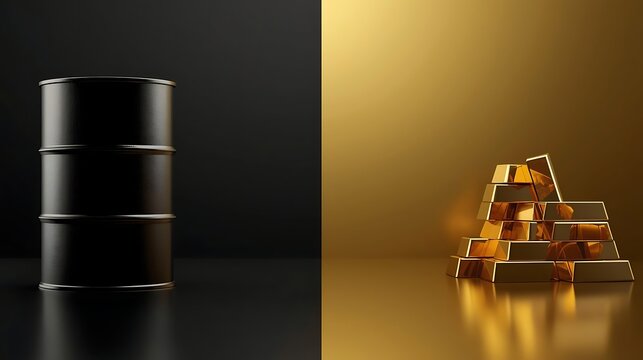 Economic transformation narrative juxtaposition of oil barrel and gold bars reflecting energy dependence capital shift and global financial realignment