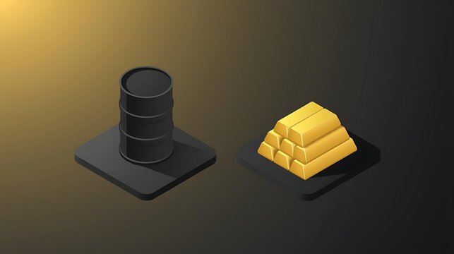 Economic transformation narrative contrast of oil barrel and gold stack symbolizing resource transition wealth redistribution and macroeconomic shift