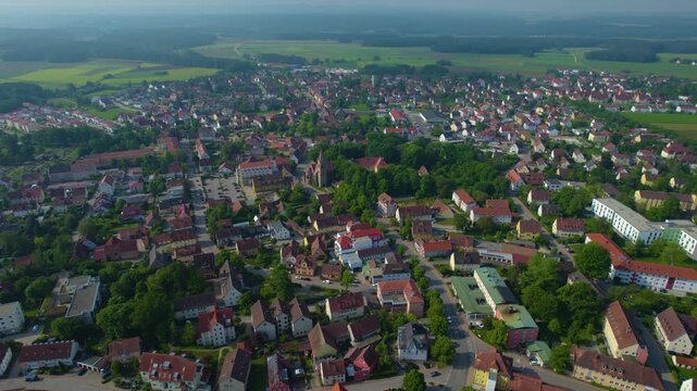 Aerial view of the city Neuendettelsau in Germany, Bavaria on a sunny day in Spring