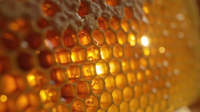Close-up of honeycomb structure showing golden honey filling cells, with light reflecting off the surface, highlighting the intricate patterns and textures of the beeswax
