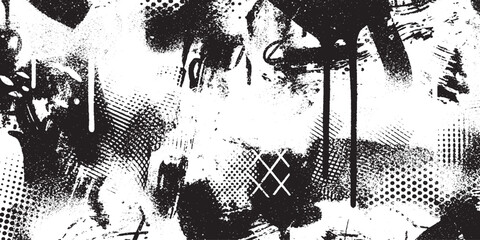 Abstract monochrome grunge background with distressed textures, spray paint splatters, halftone dots, and rough lines © DARK GRASS