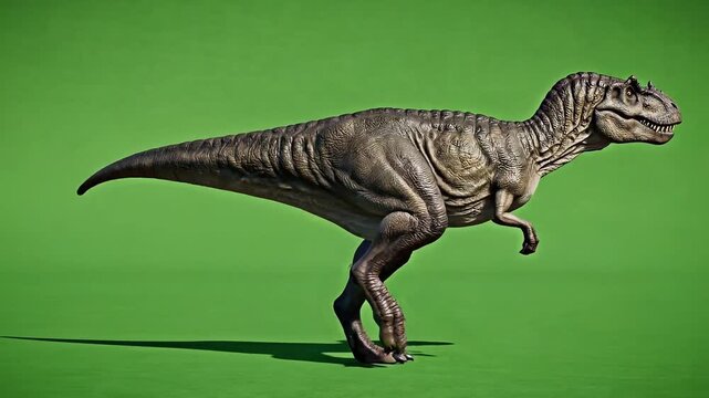 A large brown tyrannosaurus rex dinosaur standing on a green background with its mouth open and sharp teeth visible, looking fierce and powerful