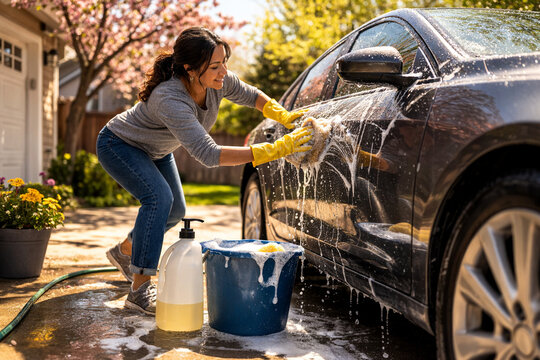 Woman washing car in driveway outdoors with gloves