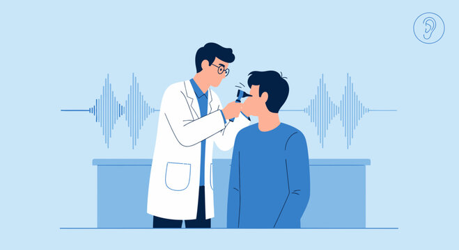 Doctor examines patient's ear with otoscope, sound waves in background, audiologist checkup