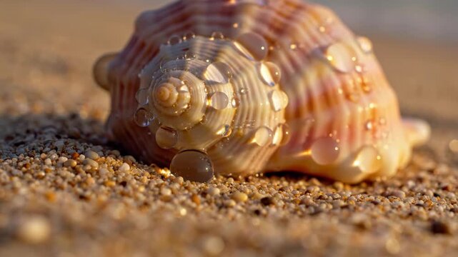 Close-up of a seashell resting on sandy beach with water droplets glistening under sunlight, showcasing intricate patterns and textures in a serene coastal setting
