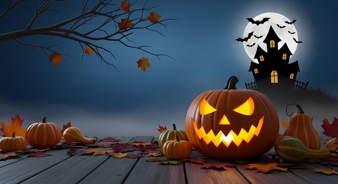Spooky Halloween Pumpkin with Haunted House Under Full Moon