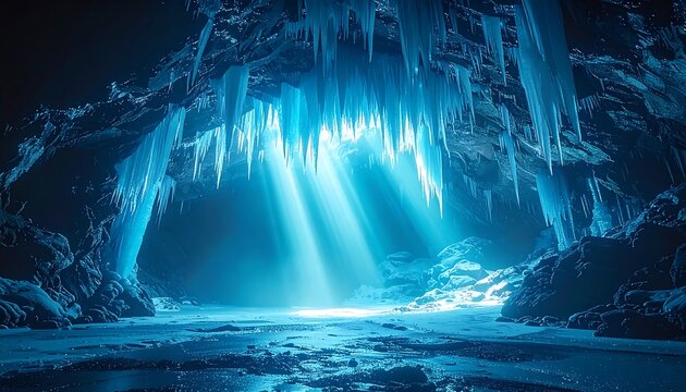 A serene icy cave illuminated by soft blue light rays filtering through icicles from above