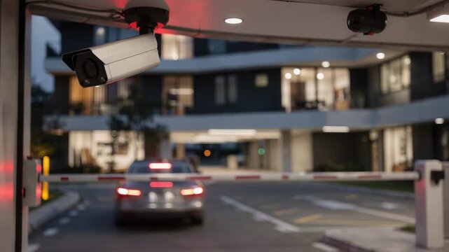Focus on license plate recognition camera recording vehicle access at a mixeduse garage highlighting seamless automated billing system.