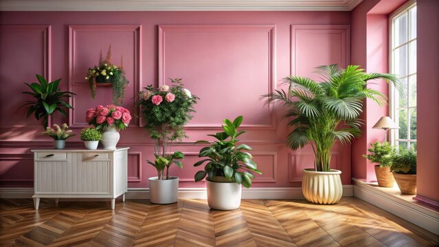 A sunlit interior scene featuring an array of potted plants, vibrant flowers, and a white cabinet against a blush pink wall with paneled molding, all situated on a herringbone hardwood floor.