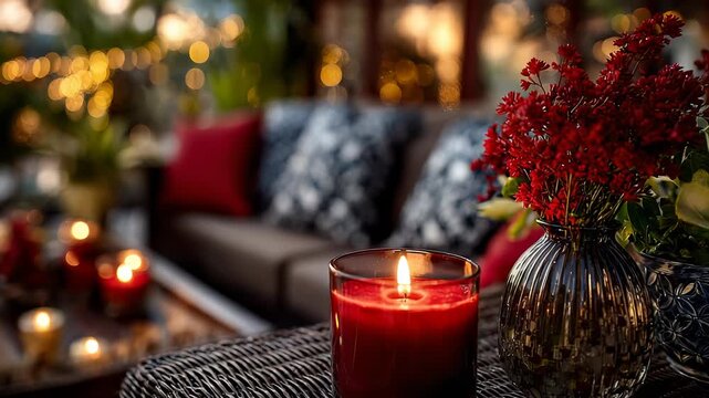 Cozy Evening Ambiance: Burning Candle on Rattan Table with Soft Lighting and Relaxing Setting