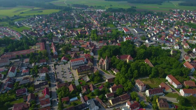 Aerial view of the city Neuendettelsau in Germany, Bavaria on a sunny day in Spring