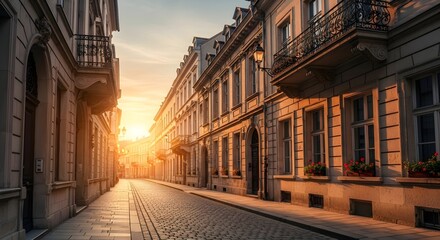 Fototapeta premium Charming European Cobblestone Street with Historic Architecture at Sunrise