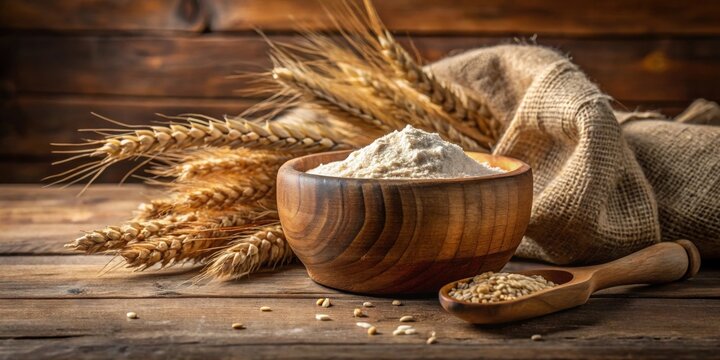 Rustic wooden bowl filled with freshly milled flour, accompanied by wheat stalks and a burlap sack, resting on a weathered wooden surface.