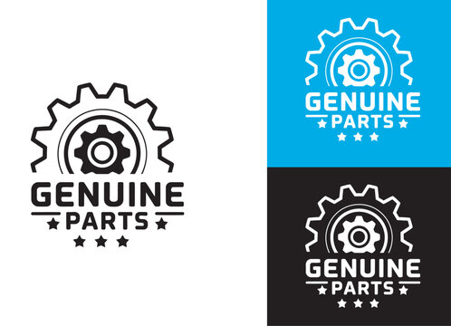 100 percent guarantee genuine parts label, round gear vector emblem, logo, icon, seal, badge, stamp, sticker, banner