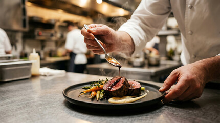 Fototapeta premium Culinary Precision: A skilled chef meticulously drizzles a flavorful sauce onto a beautifully plated dish, showcasing culinary expertise and attention to detail within a professional kitchen.