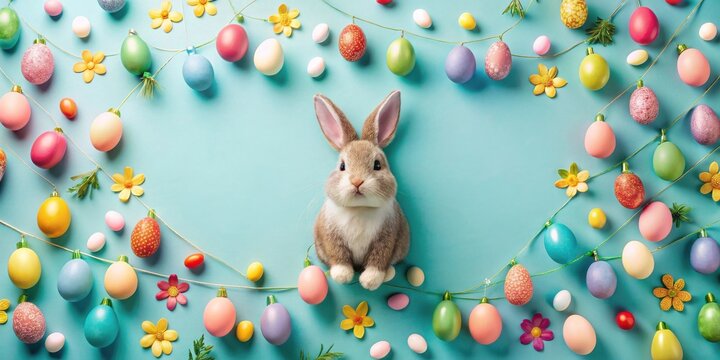 A Cute Bunny Surrounded by Pastel Easter Eggs and Flowers on a Light Blue Background