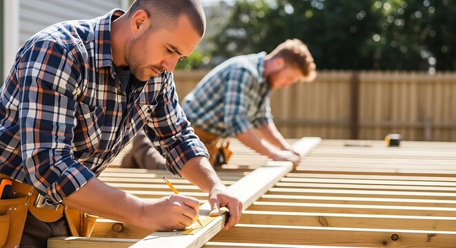 Two construction workers building a wooden deck in a backyard on a sunny day