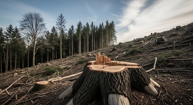 A large tree stump sits in a clear-cut forest area with remaining trees in the background under a cloudy sky.
