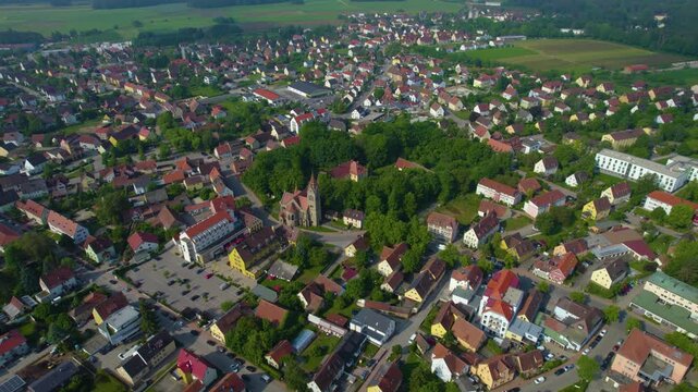 Aerial view of the city Neuendettelsau in Germany, Bavaria on a sunny day in Spring